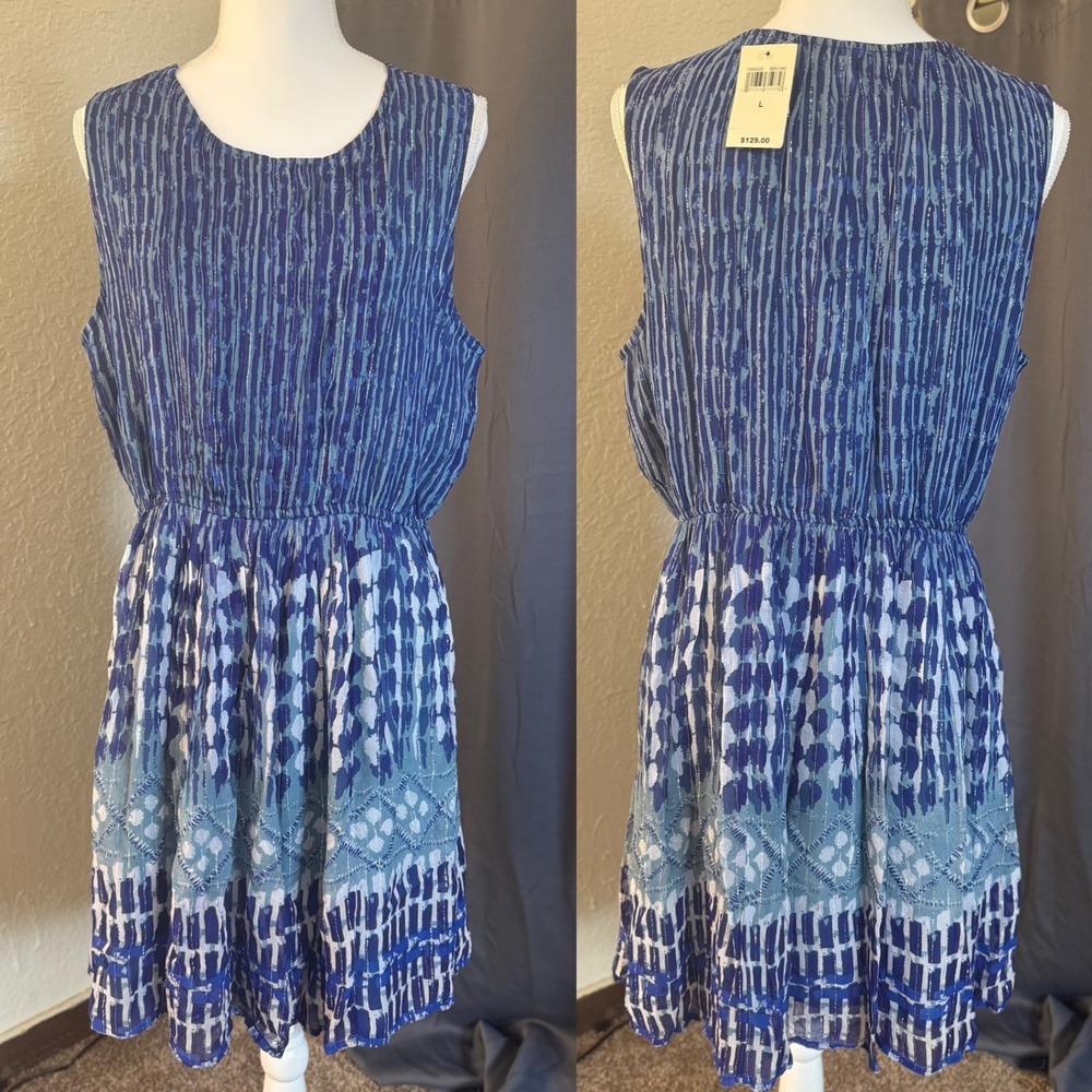 Lucky Brand Blue Ikat Striped Metallic Sleeveless Midi Dress Womens Large NWT